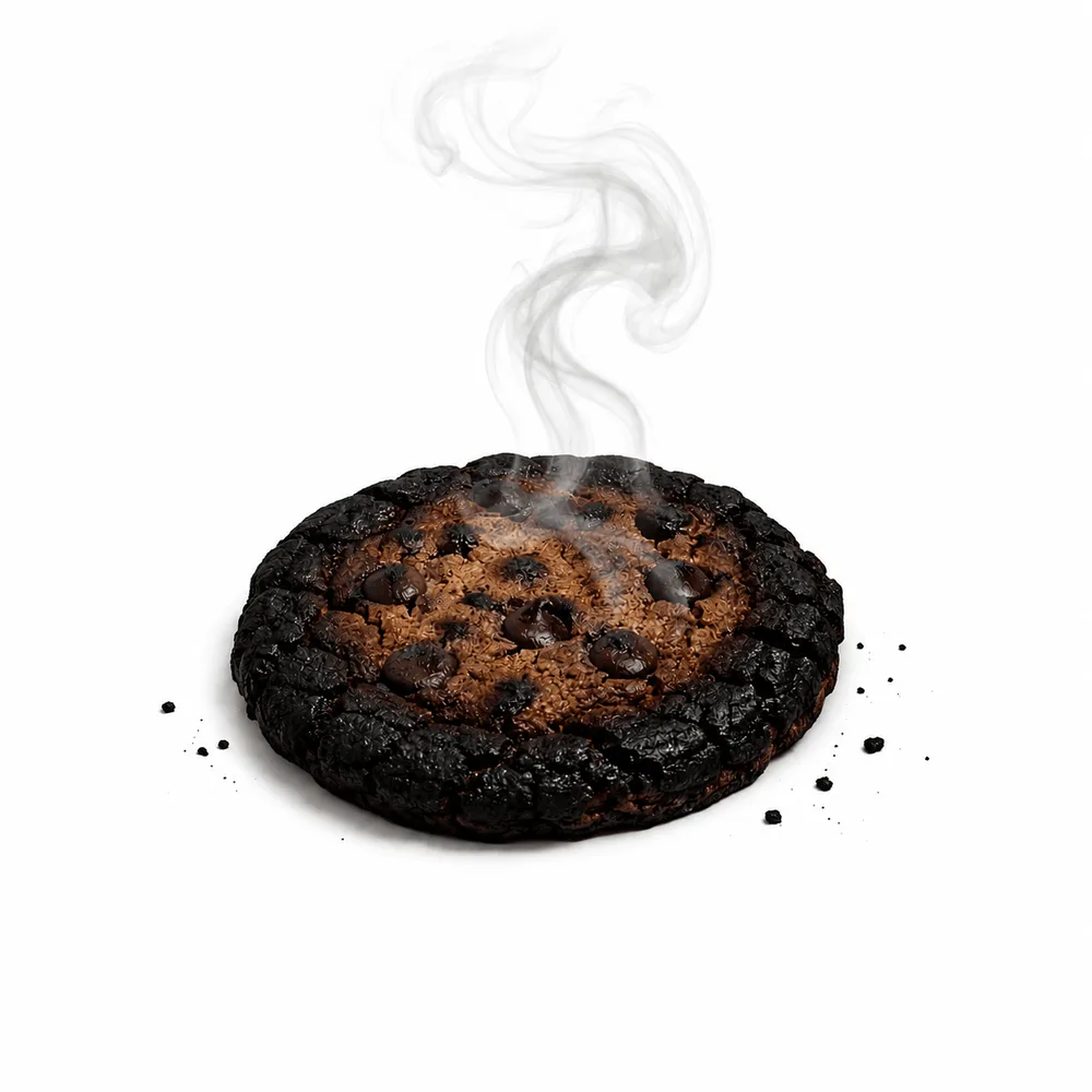 Una galleta quemada y humeante sobre fondo blanco — metáfora de una configuración de WooCommerce con las cookies demasiado hechas